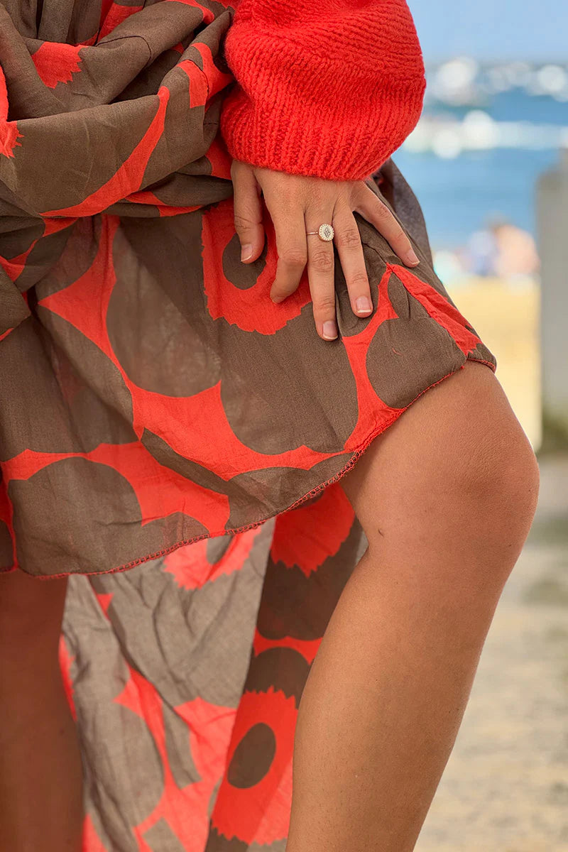 Orange Floral Maxi Skirt with Pockets
