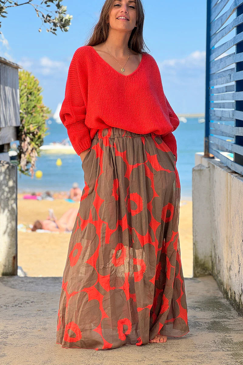 Orange Floral Maxi Skirt with Pockets