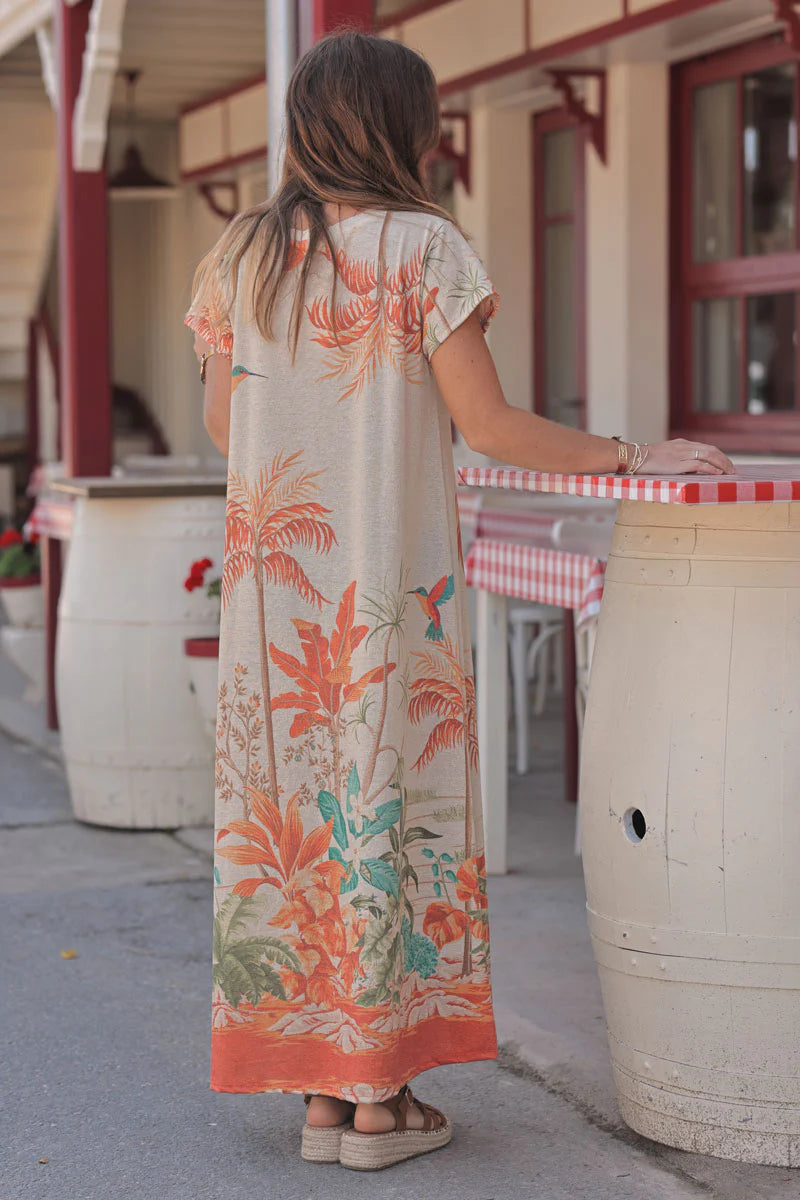Orange Tropical Escape V-Neck Maxi Dress