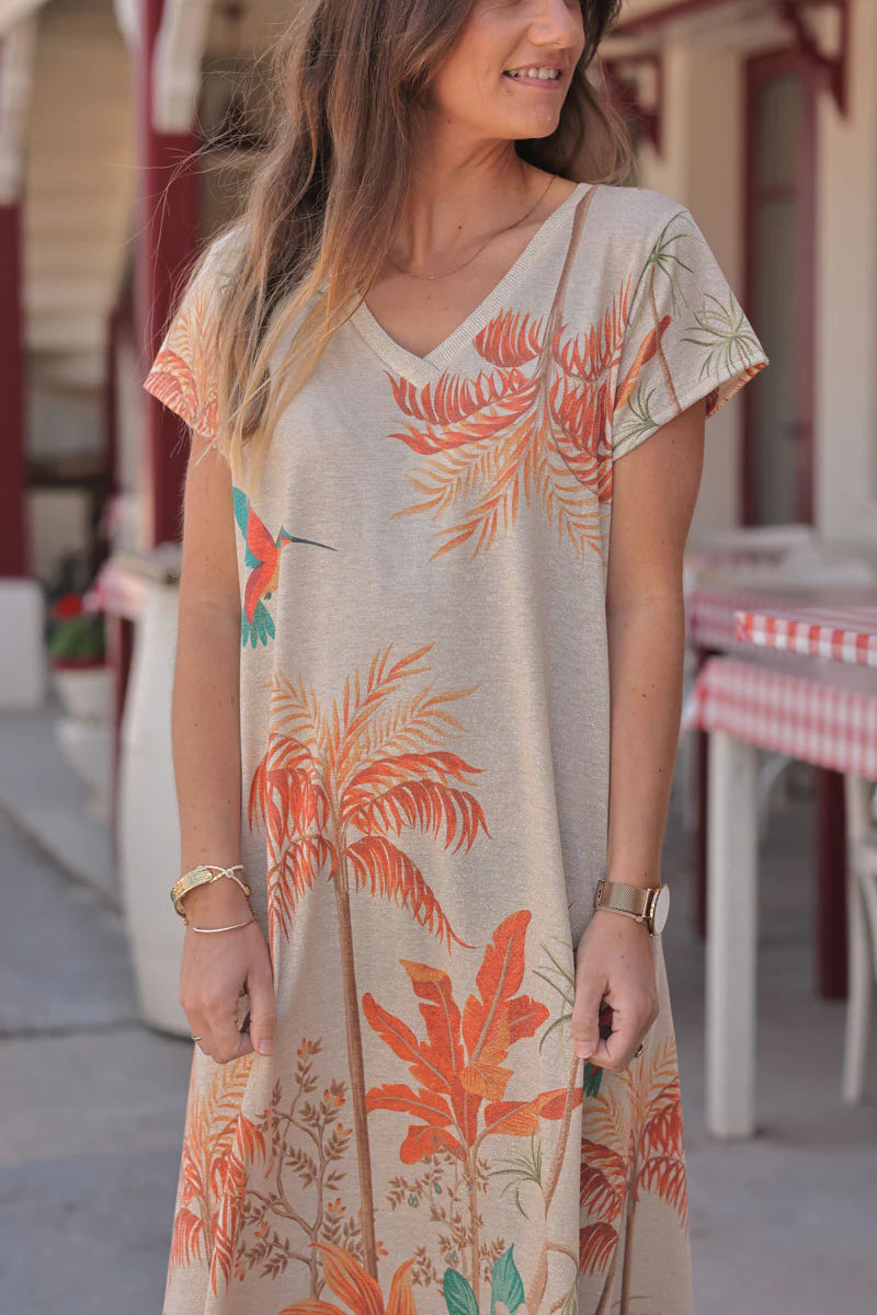 Orange Tropical Escape V-Neck Maxi Dress