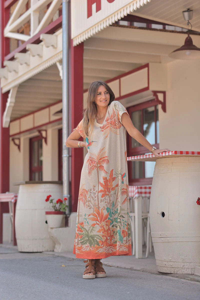 Orange Tropical Escape V-Neck Maxi Dress