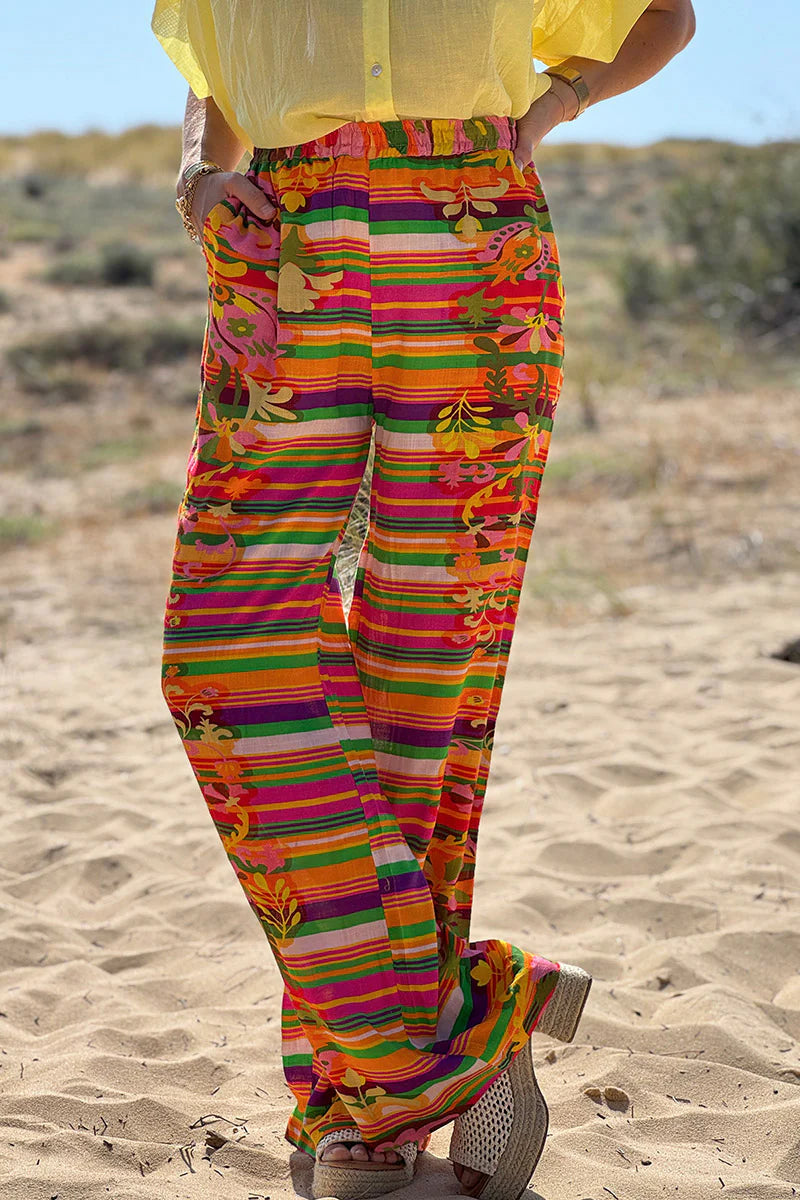 Orange Tropical Stripe Linen Pants