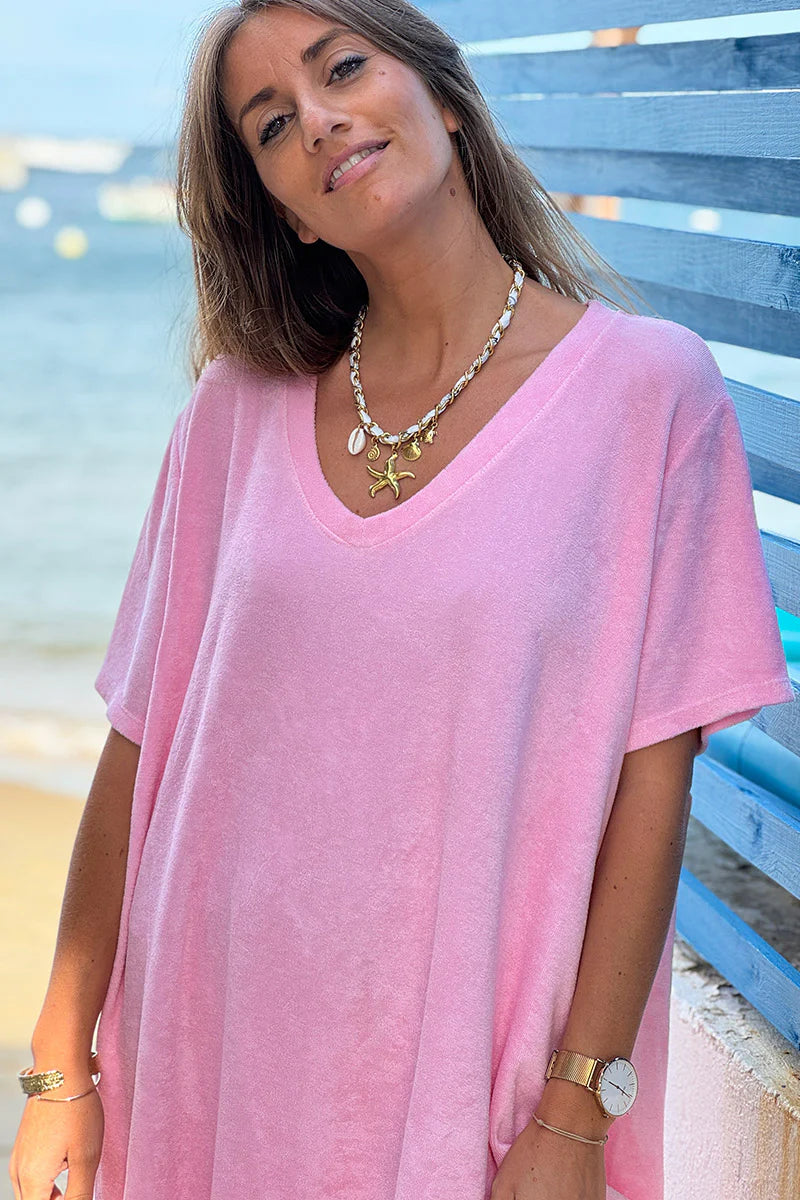 Pink Brushed Velour V-Neck Lounge Dress