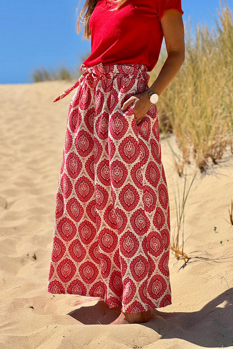 Pink fuchsia Batik Medallions Belted Pull-On Pants