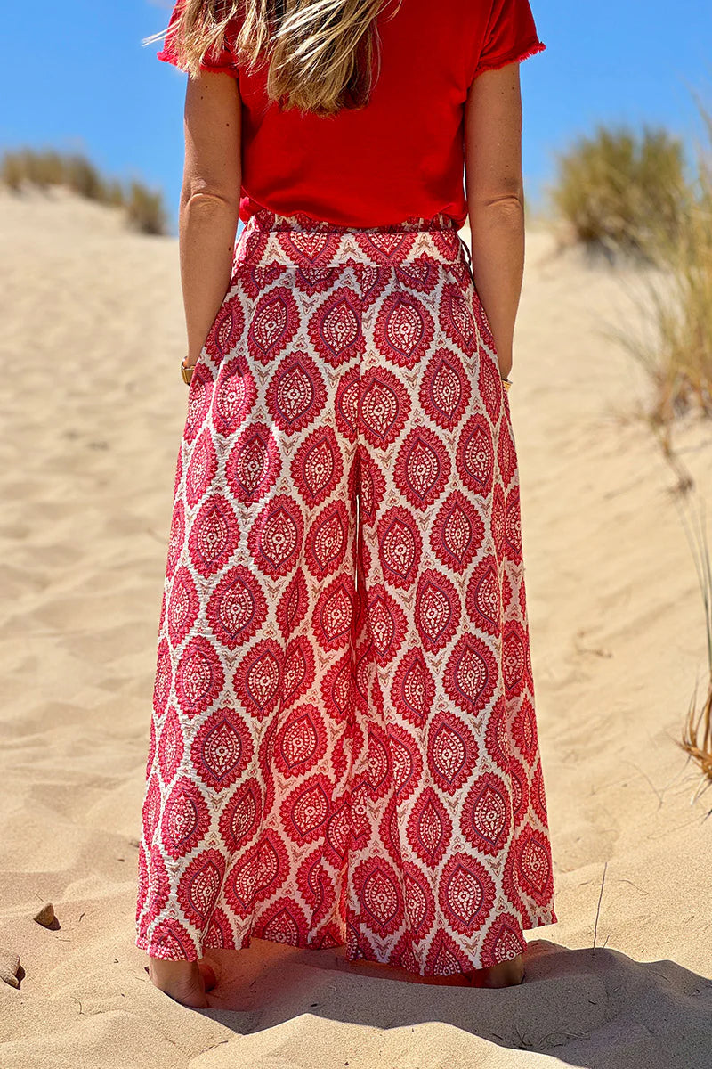 Pink fuchsia Batik Medallions Belted Pull-On Pants
