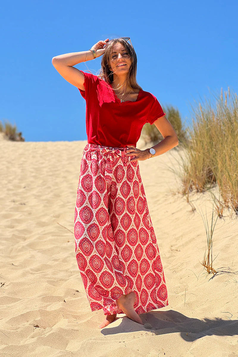 Pink fuchsia Batik Medallions Belted Pull-On Pants
