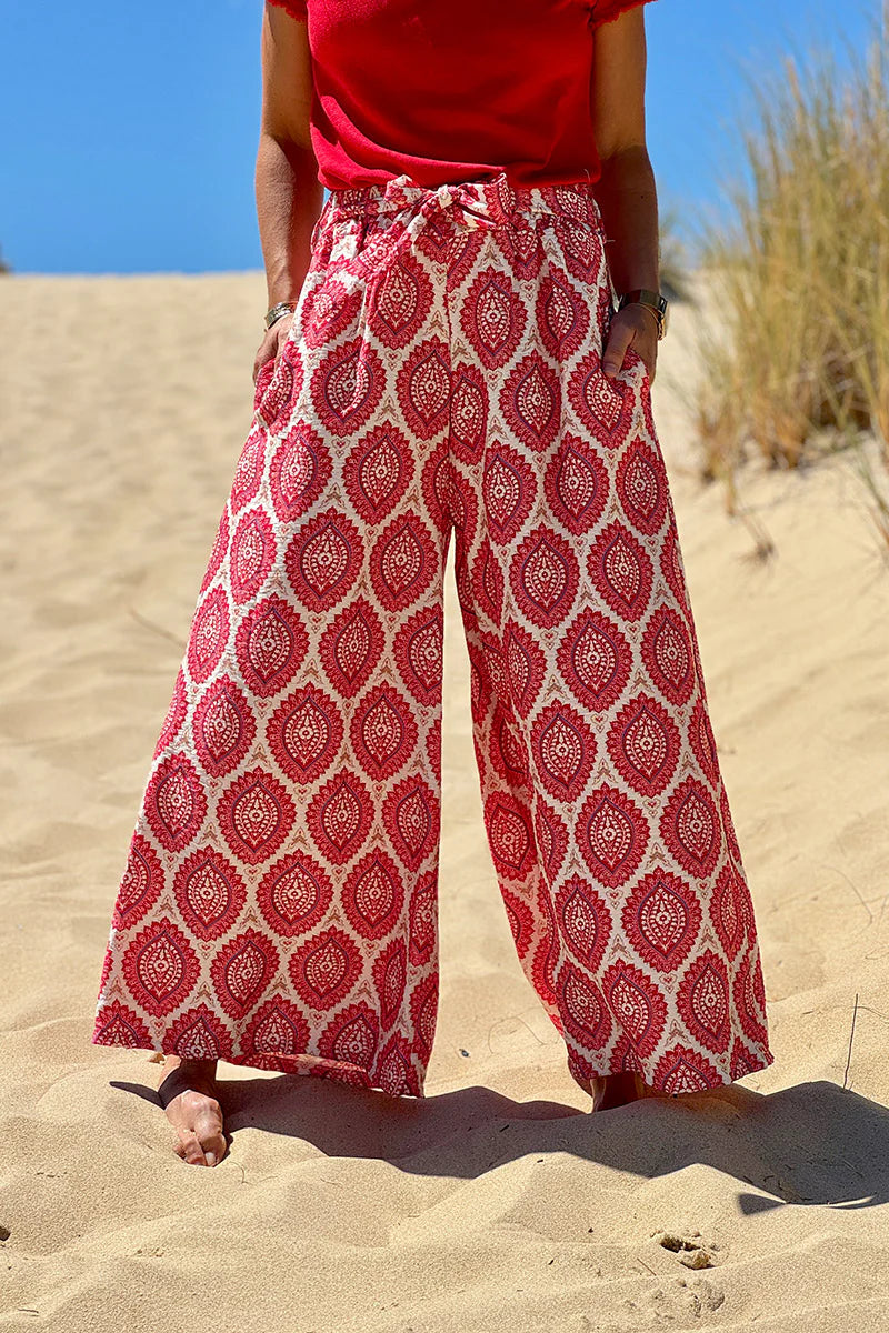Pink fuchsia Batik Medallions Belted Pull-On Pants