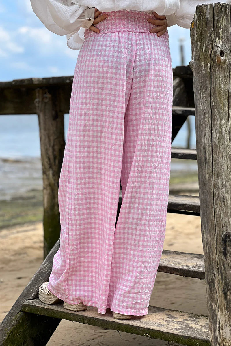 Pink Gingham Wide Leg Pants