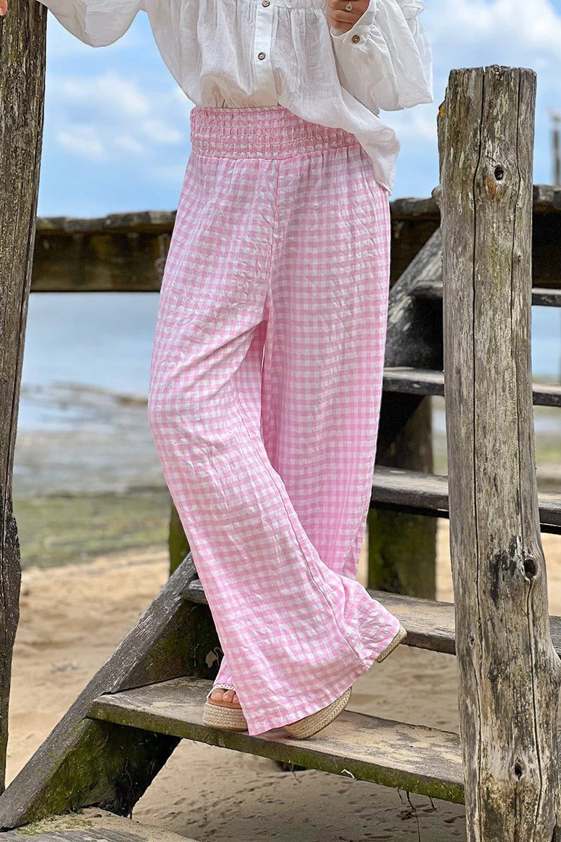 Pink Gingham Wide Leg Pants