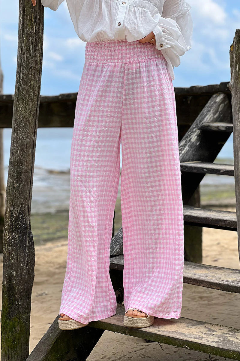 Pink Gingham Wide Leg Pants