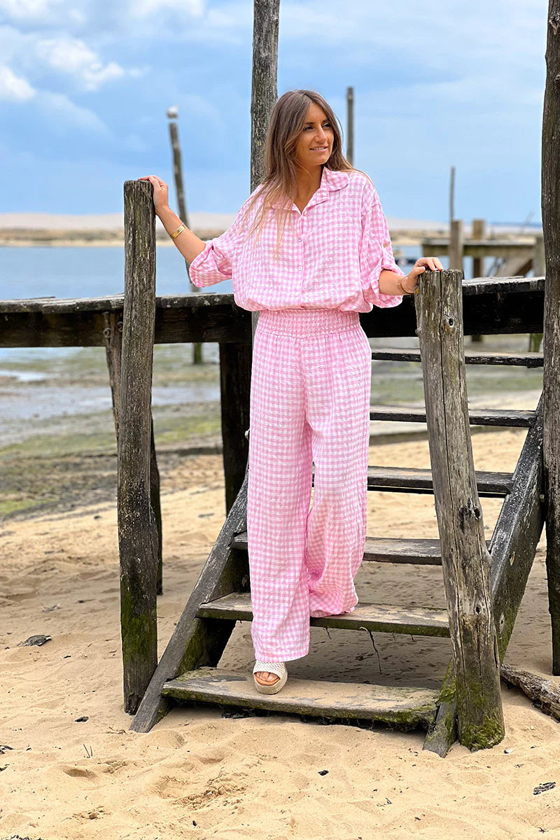 Pink Gingham Wide Leg Pants