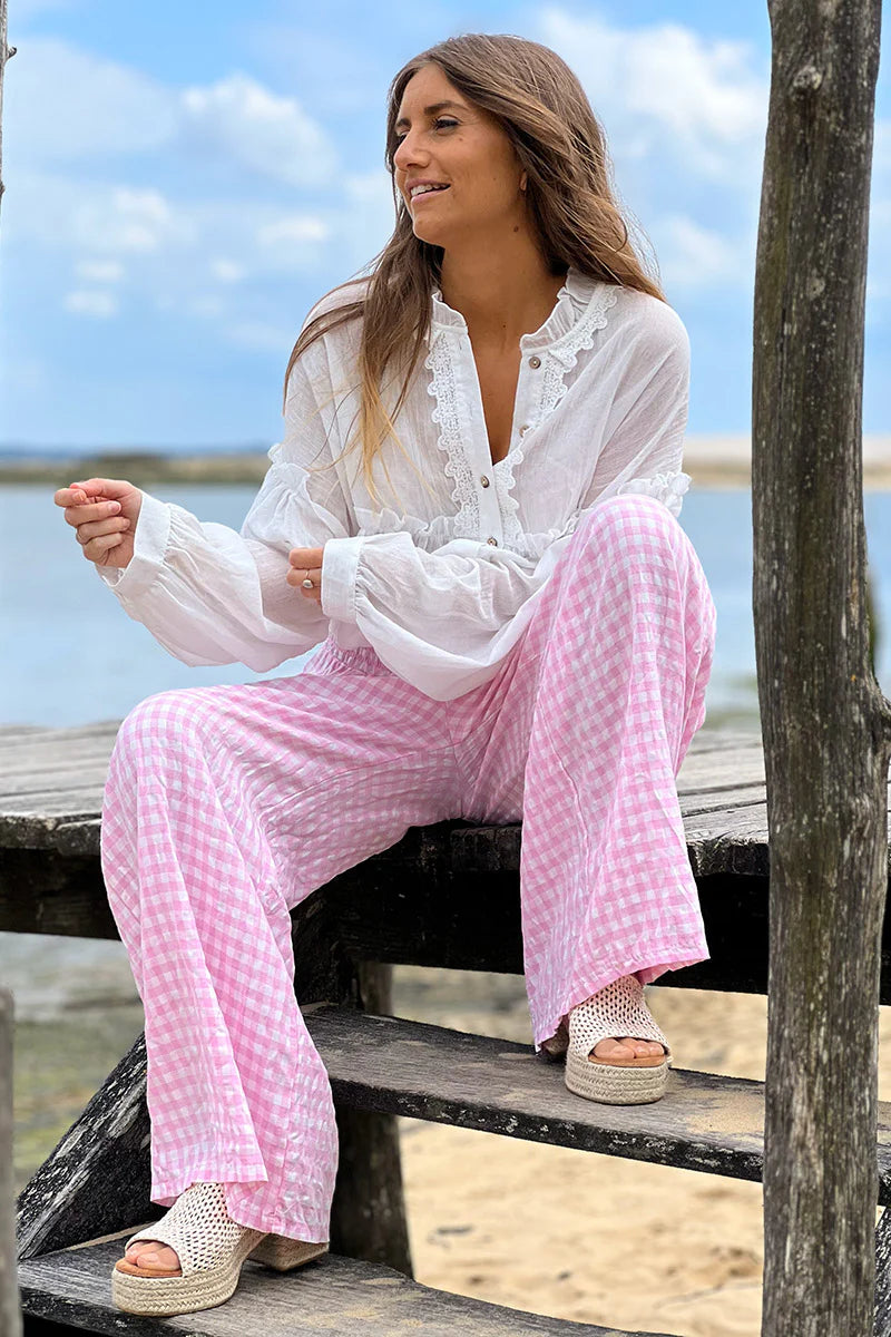 Pink Gingham Wide Leg Pants