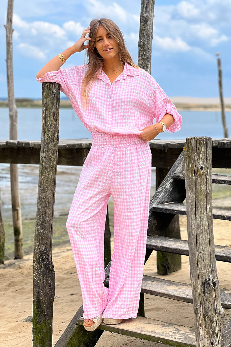 Pink Gingham Wide Leg Pants