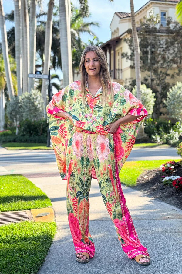 Pink and Green Batik Parrot Kimono Blouse