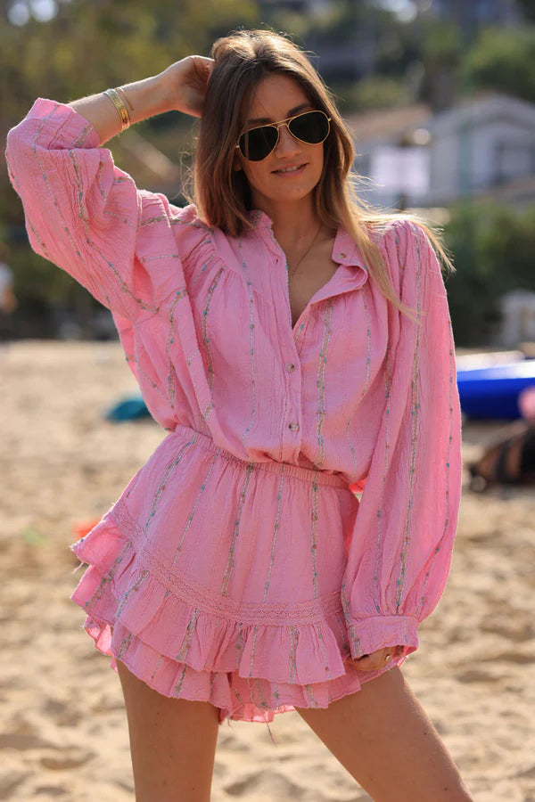 Pink layered frill woven cotton skort with metallic and colored threads