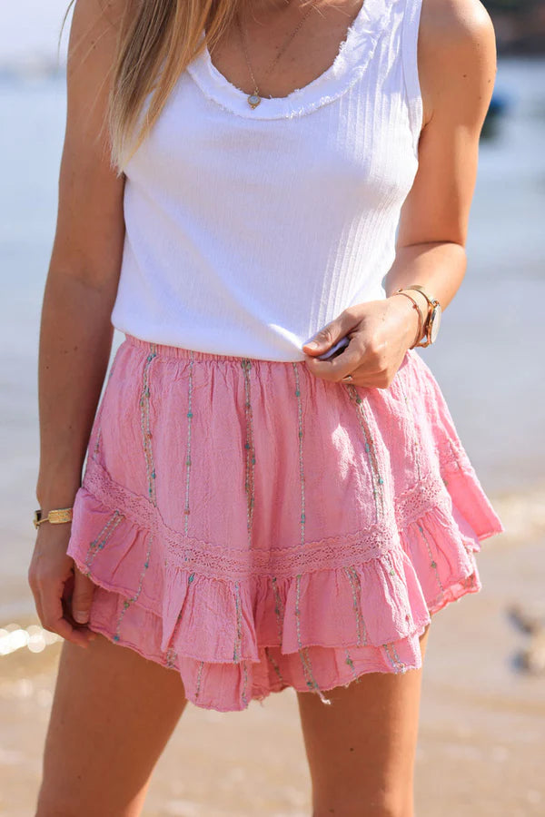 Pink layered frill woven cotton skort with metallic and colored threads