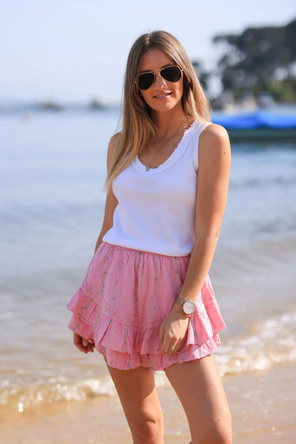 Pink layered frill woven cotton skort with metallic and colored threads