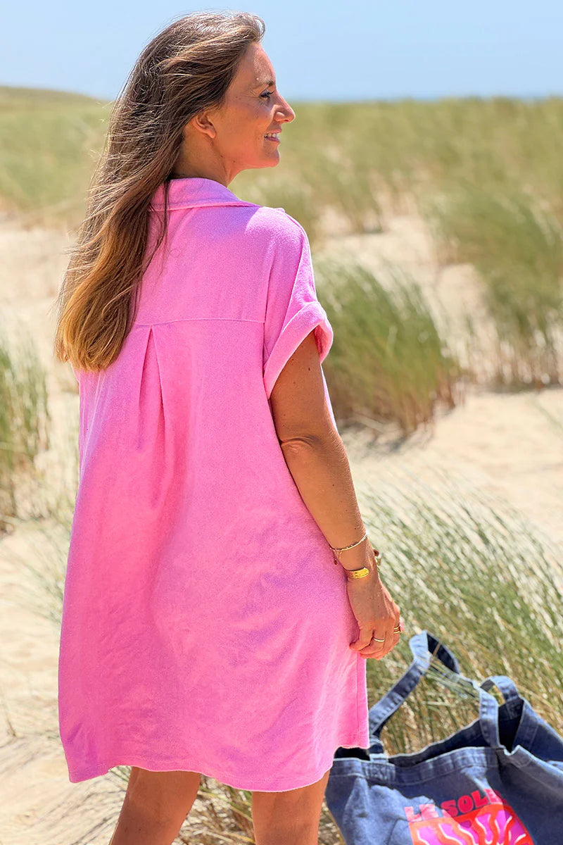 Pink Terry Cloth Button-Down Shirt Dress