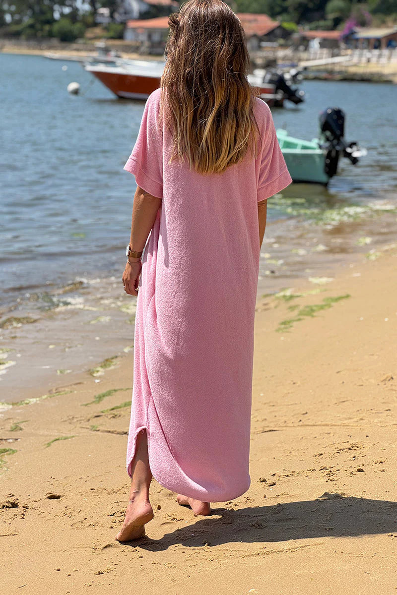Pink Terry Cloth Collared Caftan