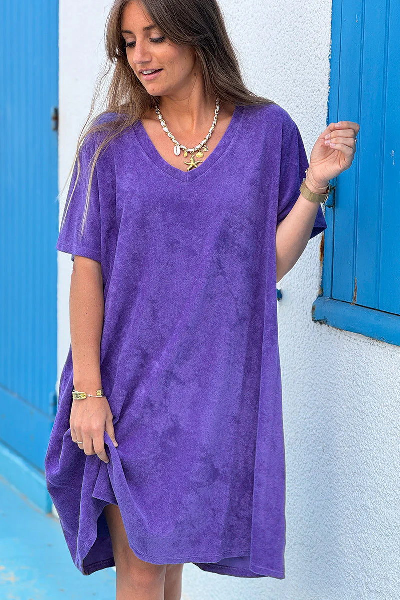 Purple Brushed Velour V-Neck Lounge Dress