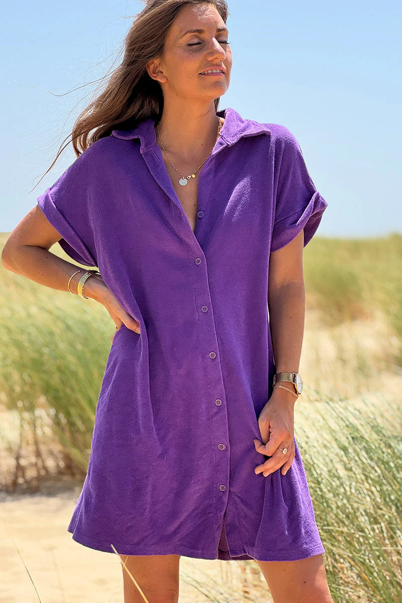 Purple Terry Cloth Button-Down Shirt Dress
