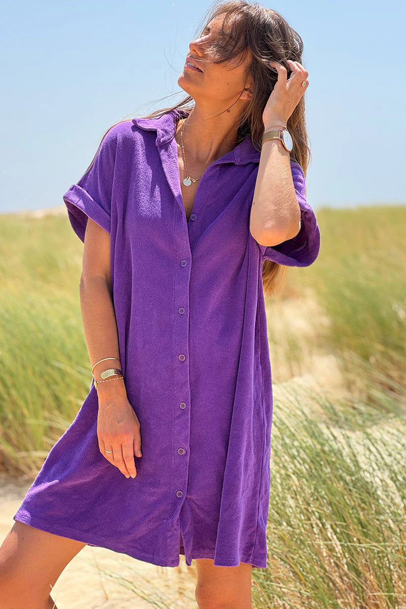 Purple Terry Cloth Button-Down Shirt Dress