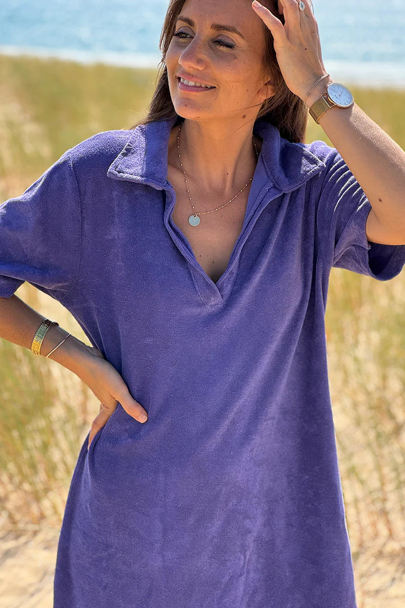 Purple Terry Cloth Collared V-Neck Dress