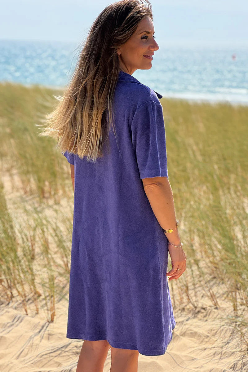 Purple Terry Cloth Collared V-Neck Dress