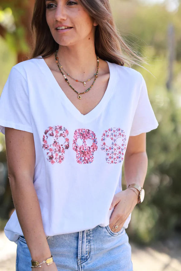 Red Floral Skulls V-Neck Tee