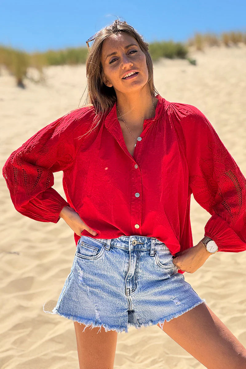 Red Lotus Sleeve Poplin Blouse