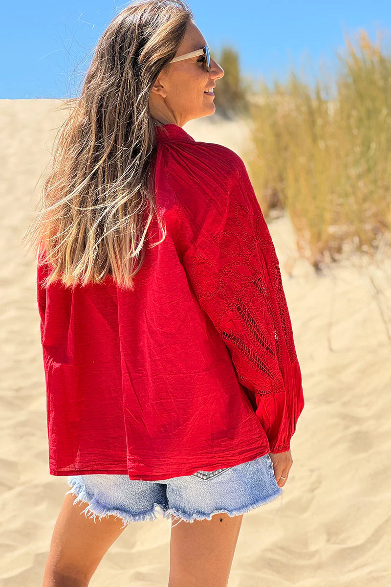 Red Lotus Sleeve Poplin Blouse