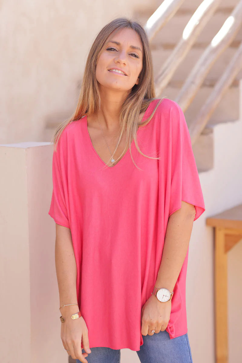 Relaxed fit raspberry v-neck top