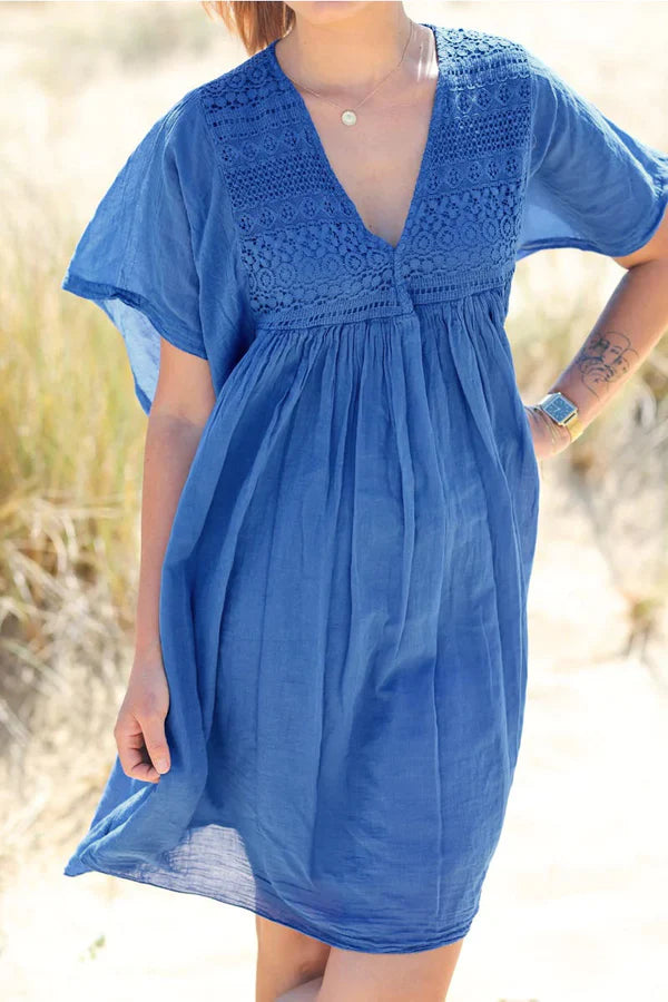 Royal blue floaty cotton dress with lace detail