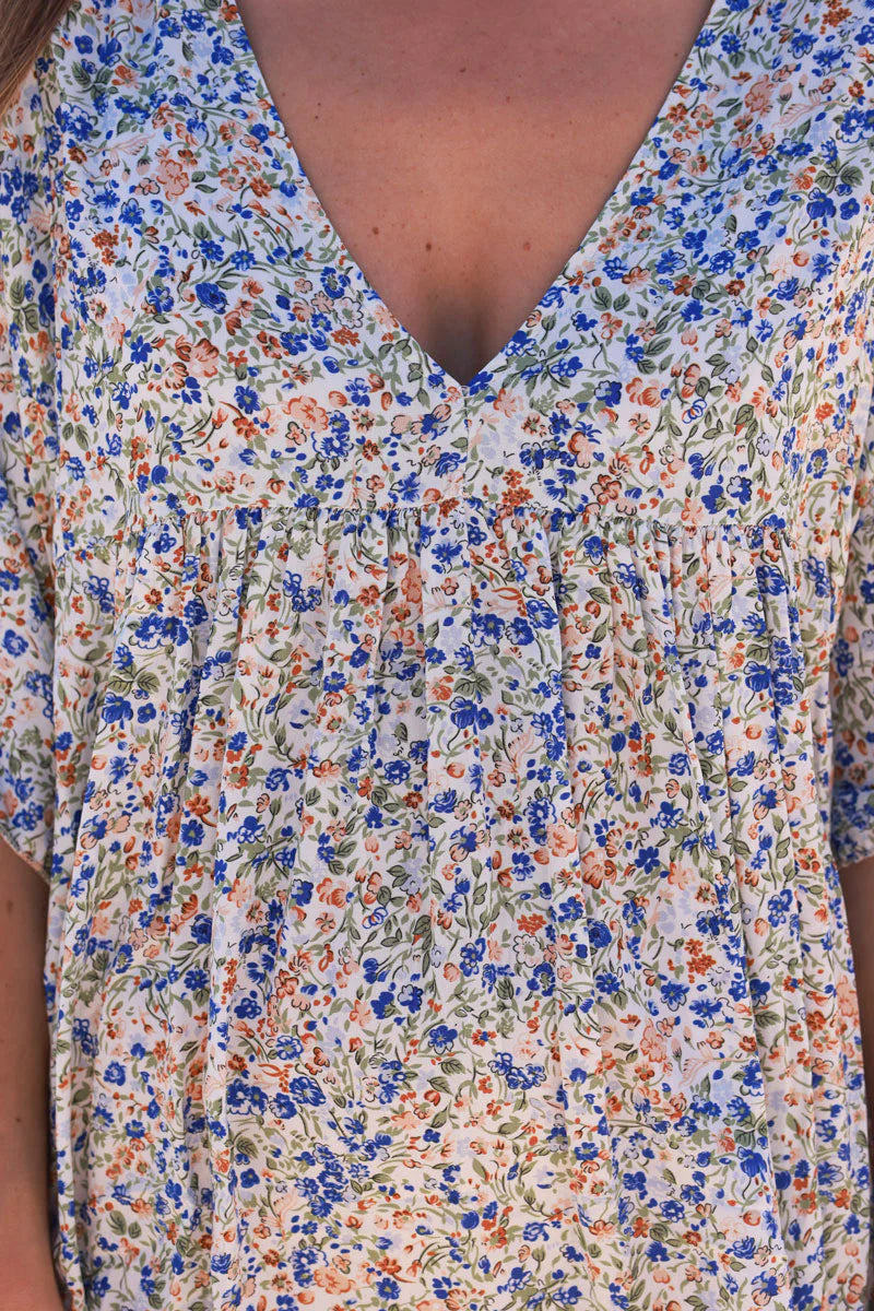 Royal blue Ditsy Floral V-Neck Butterfly Sleeve Maxi Dress