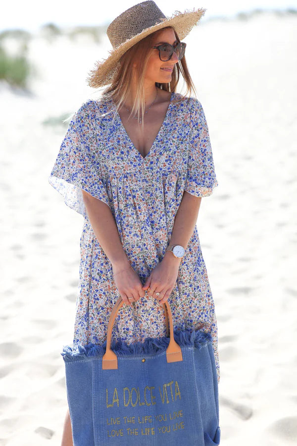 Model wearing Royal Blue Liberty Print Flowing Smock Dress