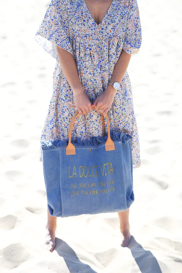 Model wearing Royal Blue Liberty Print Flowing Smock Dress - zoom