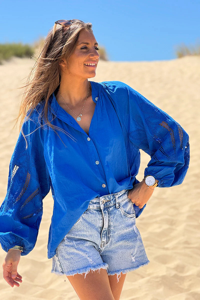 Royal blue Lotus Sleeve Poplin Blouse