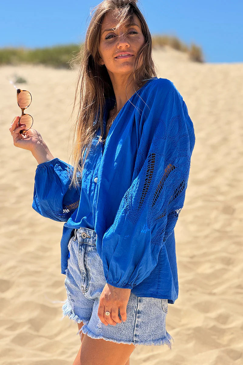Royal blue Lotus Sleeve Poplin Blouse