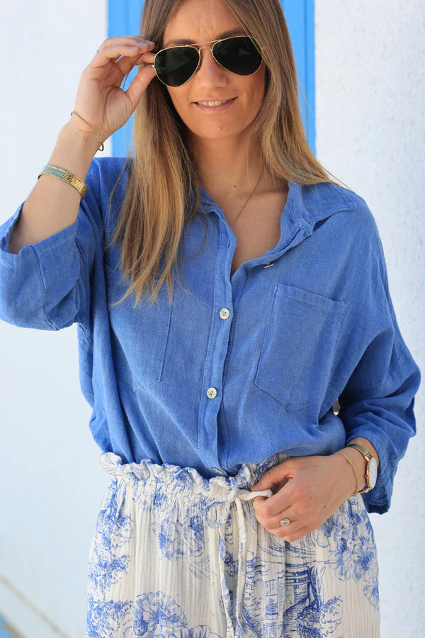 Royal blue soft cotton blouse 3/4 sleeves large pockets