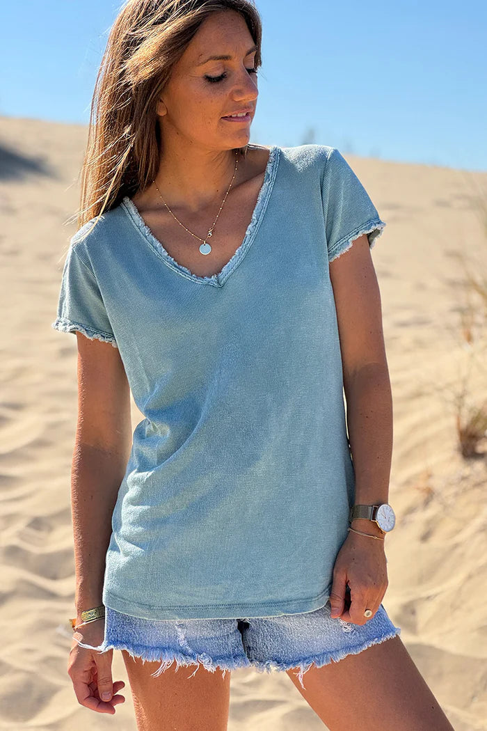 Sage Stretch Cotton Tee with Raw Hems