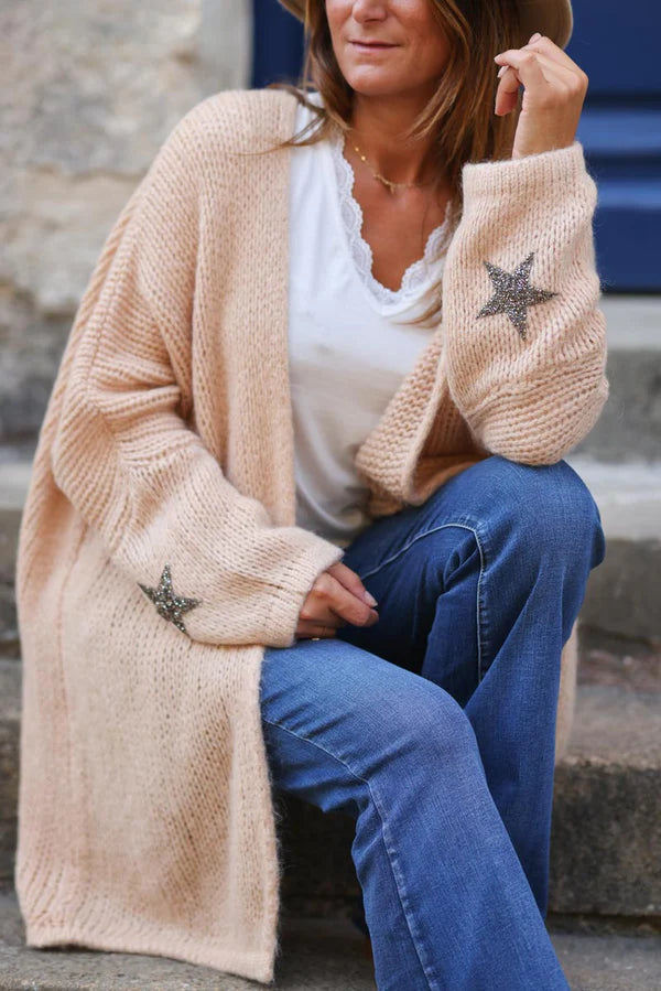 Sand Medium-Long Chunky Knit Cardigan with Rhinestone Star detail