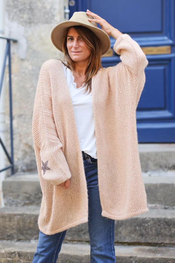 Sand Medium-Long Chunky Knit Cardigan with Rhinestone Star detail