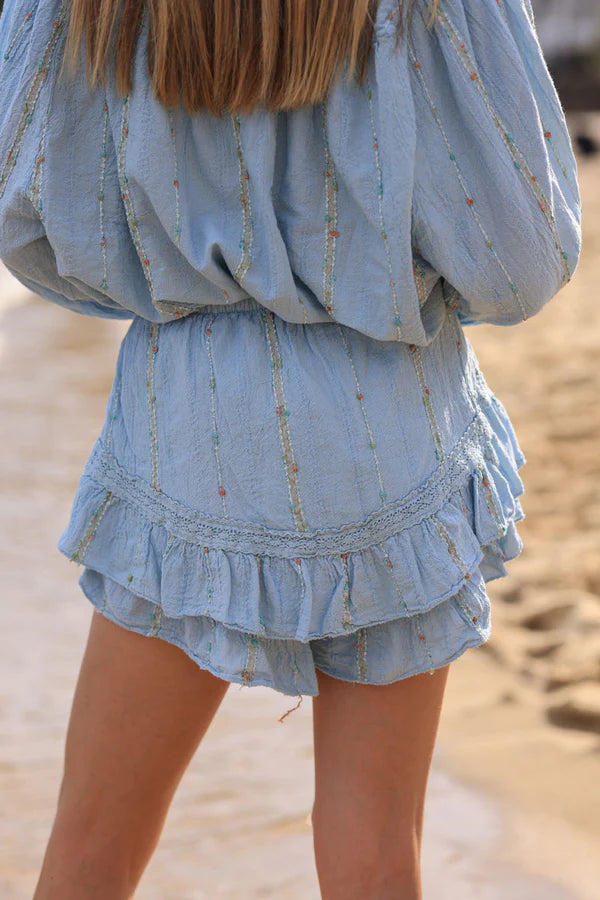 Sky blue layered frill woven cotton skort with metallic and colored threads