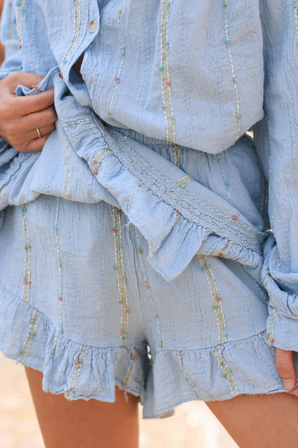 Sky blue layered frill woven cotton skort with metallic and colored threads
