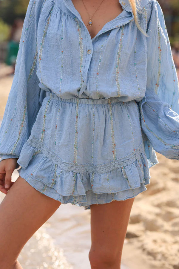 Sky blue layered frill woven cotton skort with metallic and colored threads