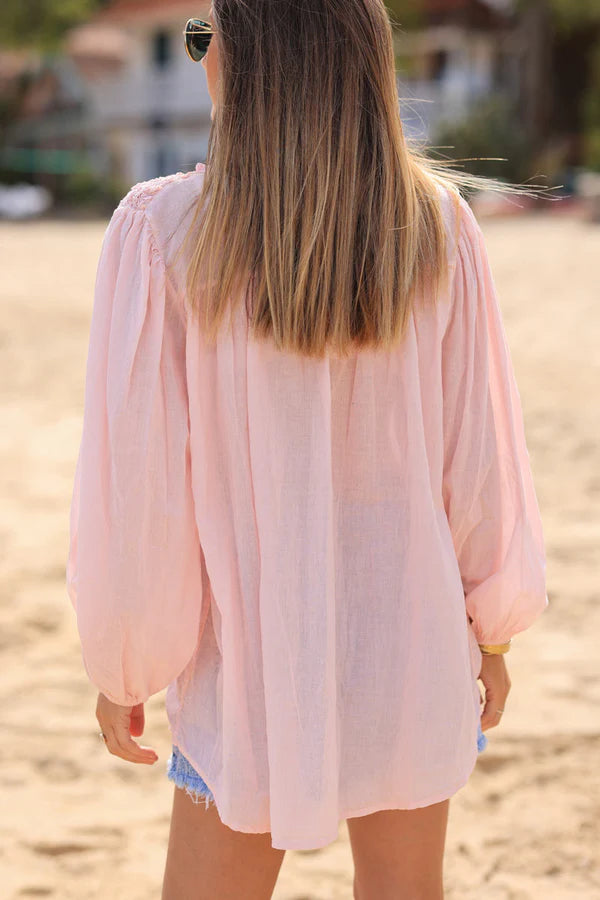Smocked soft pink floaty blouse with mother of pearl buttons