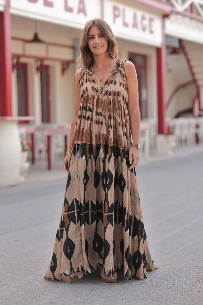 Taupe Batik Dye Sleeveless Maxi Dress