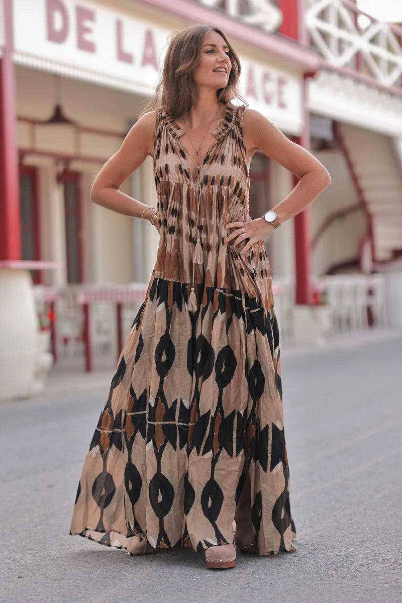 Taupe Batik Dye Sleeveless Maxi Dress