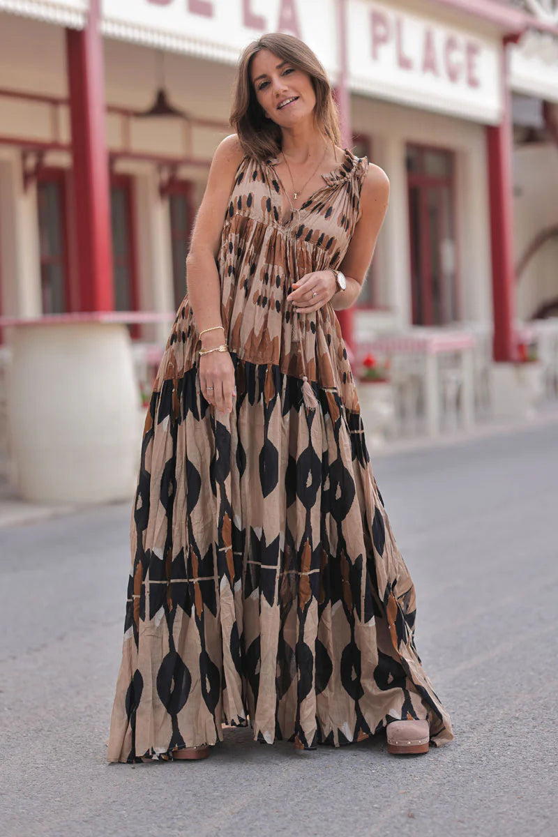 Taupe Batik Dye Sleeveless Maxi Dress