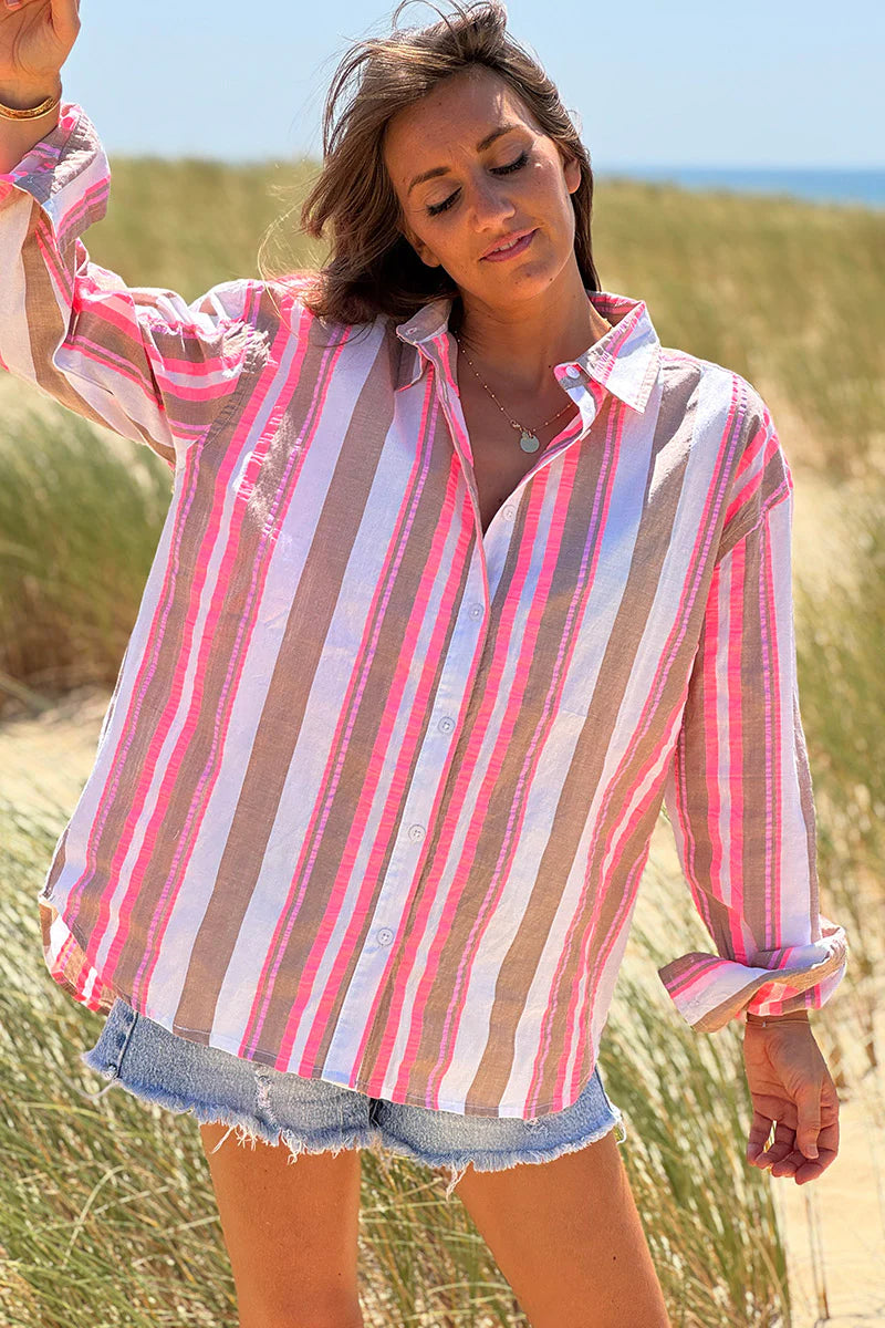Taupe Neapolitan Stripe Button-Down Blouse
